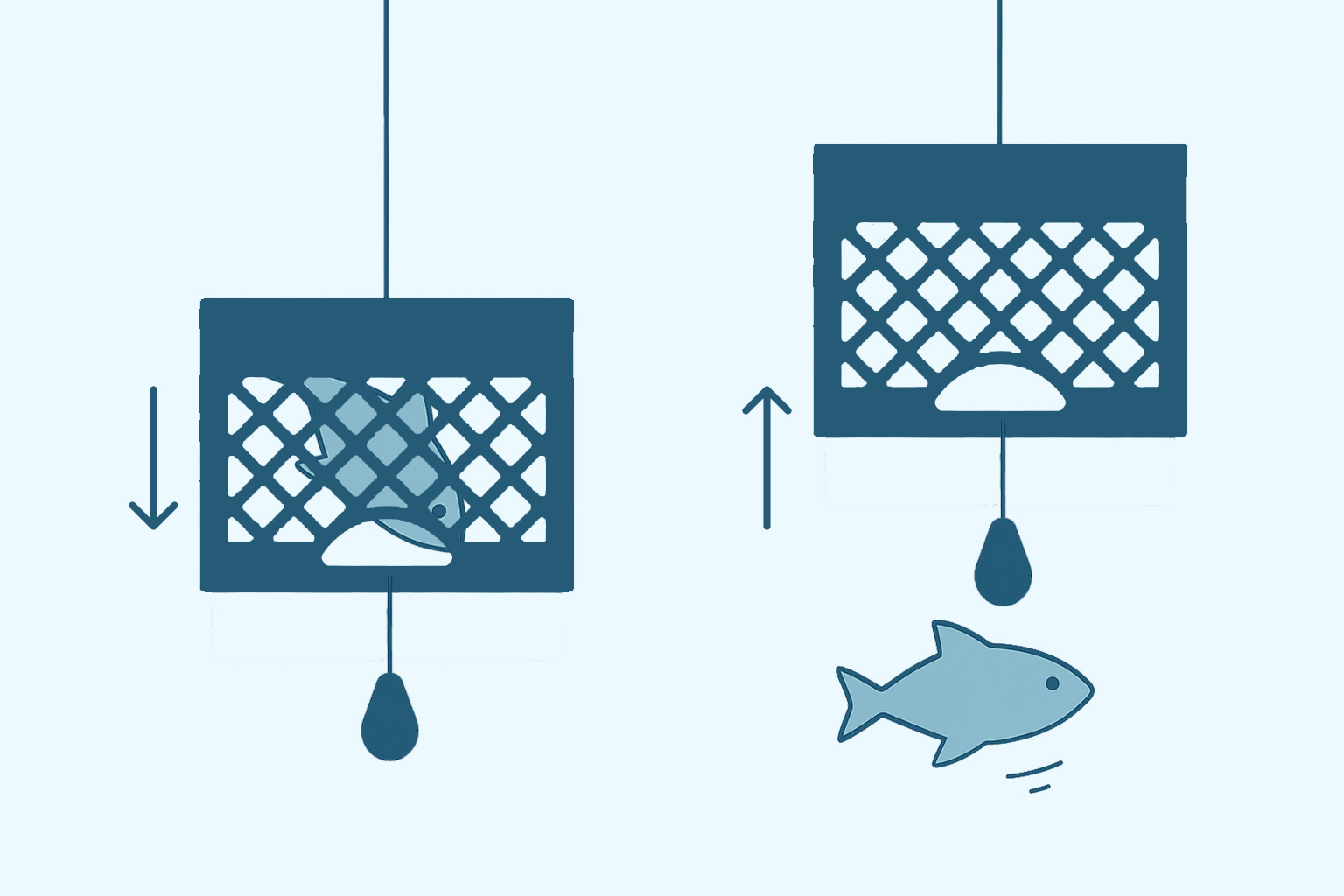 A diagram showing how a weighted milk crate works underwater.