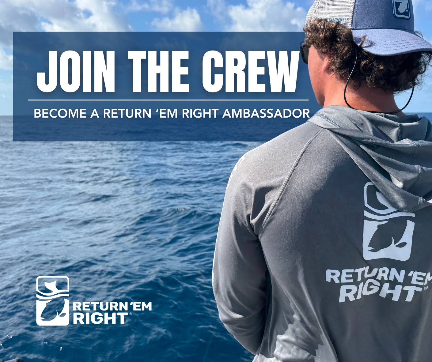 Graphic depicting an angler on a boat staring into the distance, with text advertising the Return 'Em Right ambassador program.