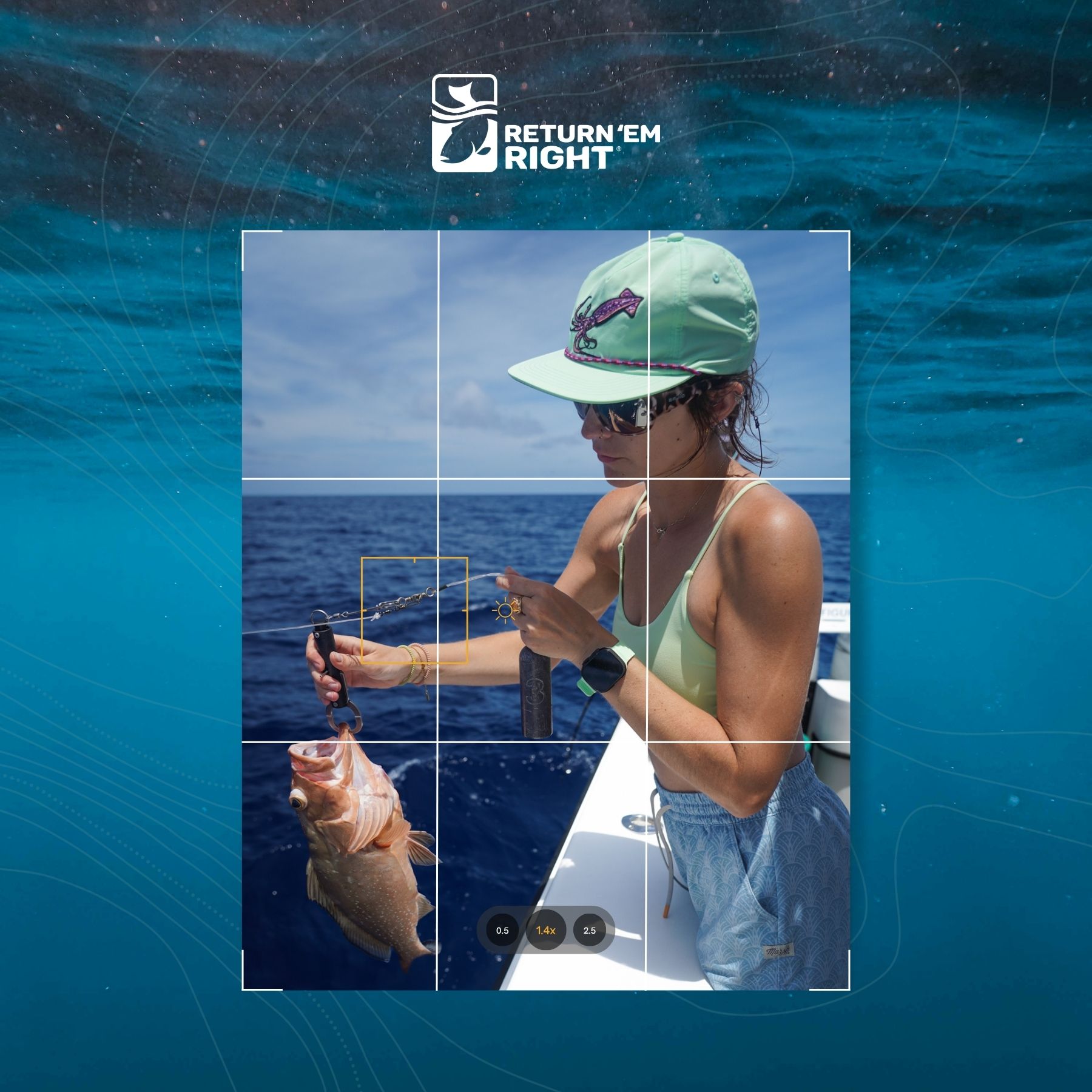 Graphic depicting a phone camera with a closeup of an angler's hands, venting a fish with a venting tool.