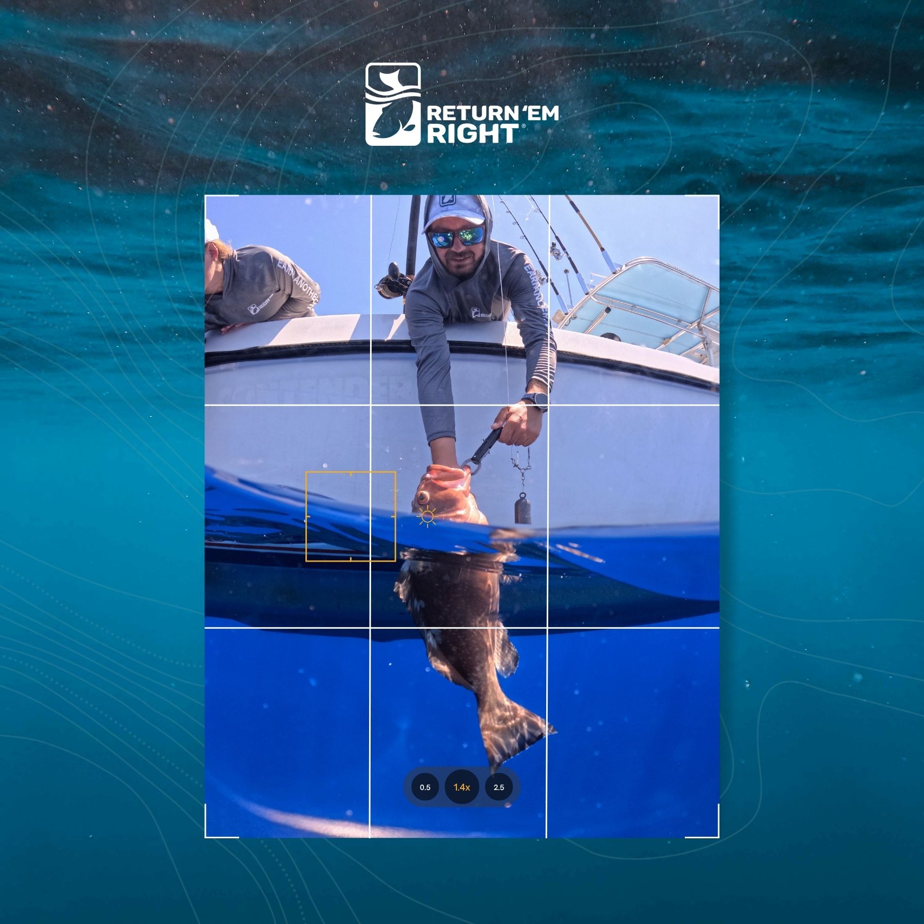 Graphic depicting a phone camera photograph of a split underwater/surface shot of an angler descending a fish.