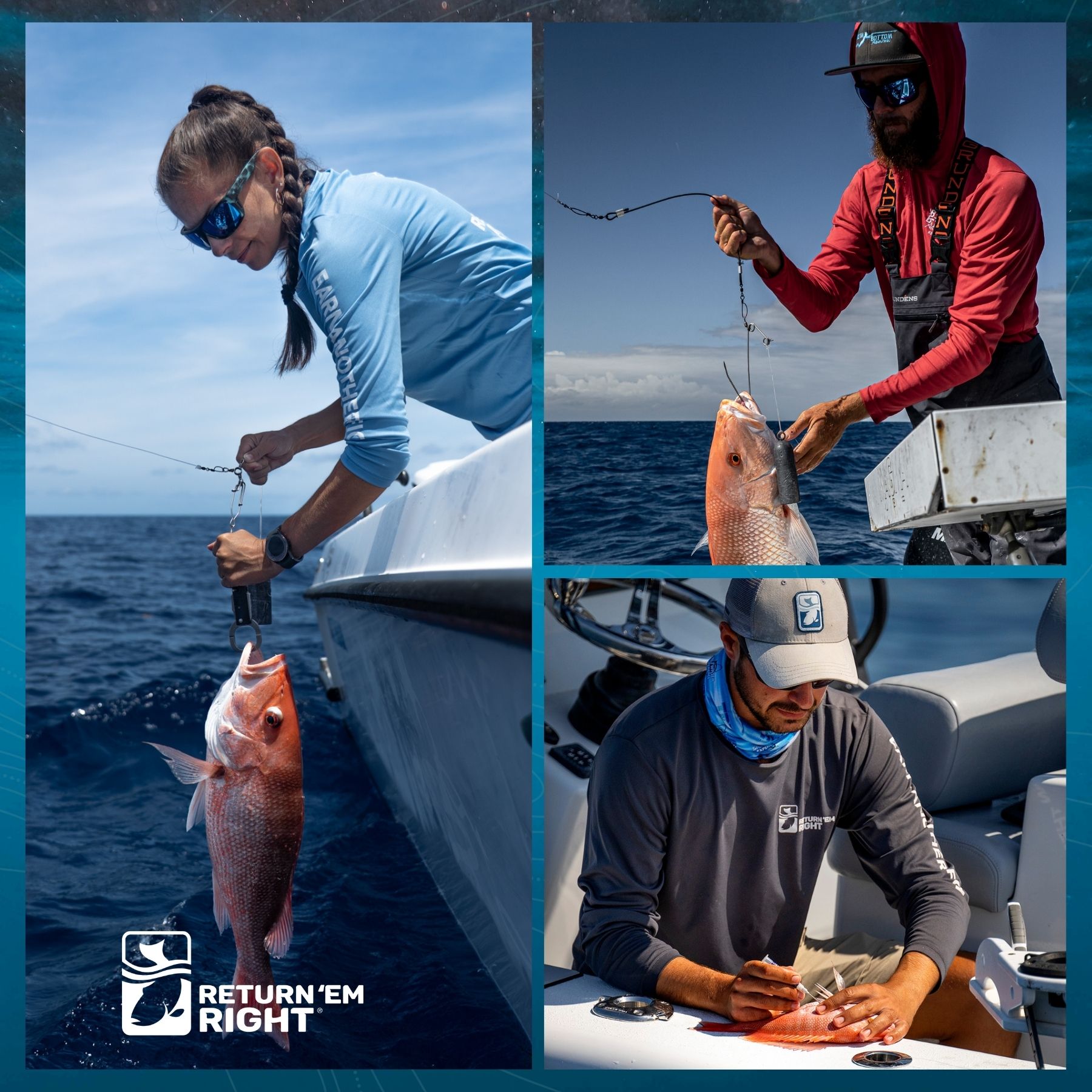 Graphic depicting examples of eligible photos. Photos depict anglers using various types of descending devices and a venting tool on fish suffering from barotrauma.