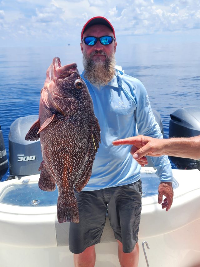 Angler holding a speckled hind with a tag sticking out of the dorsal side.