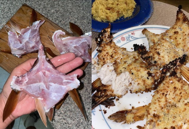 Image on the left is the raw collars of a red drum. Image on the right is the collars cooked.